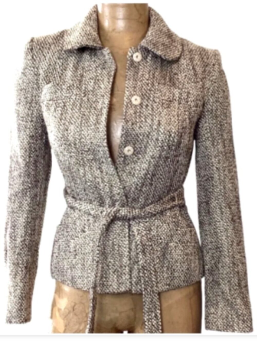 Ann Klein Tweed Boucle Blazer Jacket Coat Belted Sz 0 Classic Basic #197P